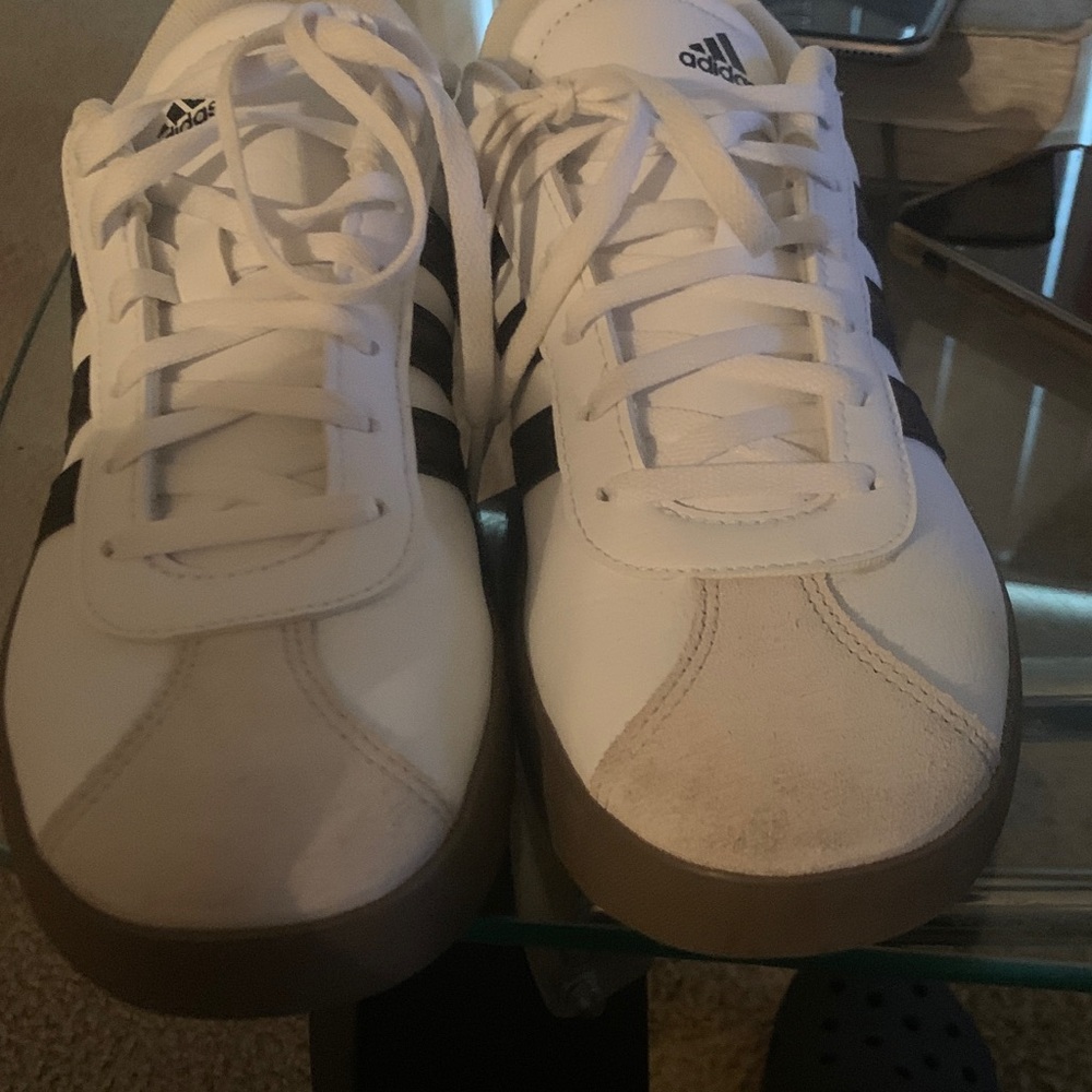 Adidas Men's White and Black Sneakers with Tan Sole